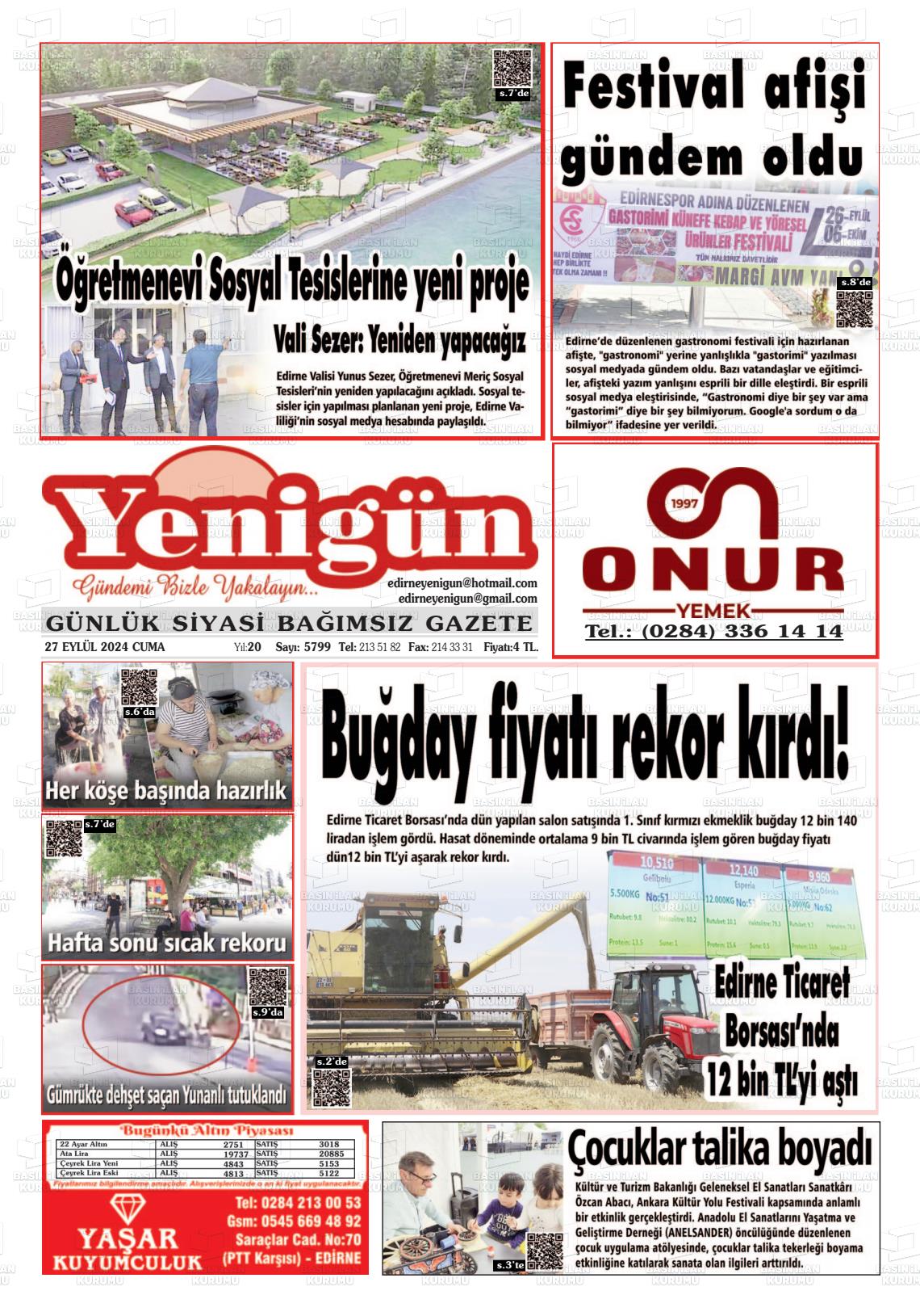 27 Eylül 2024 Edirne Yenigün Gazete Manşeti