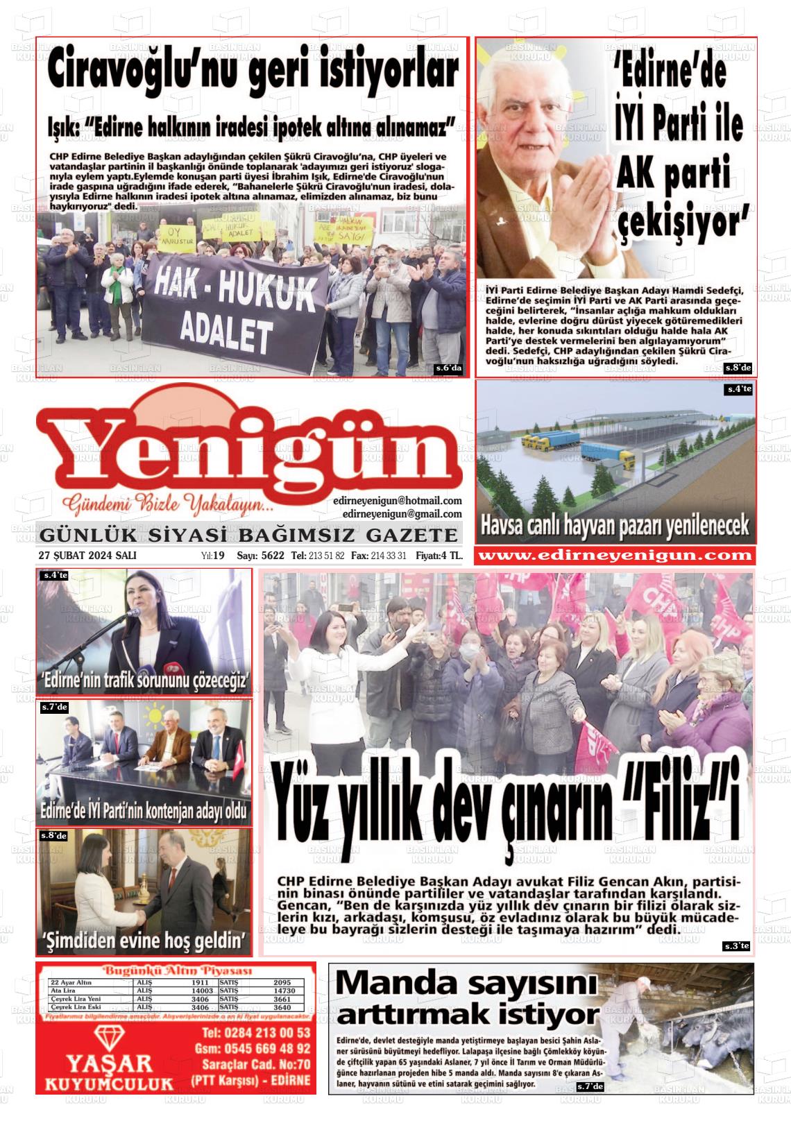 27 Şubat 2024 Edirne Yenigün Gazete Manşeti