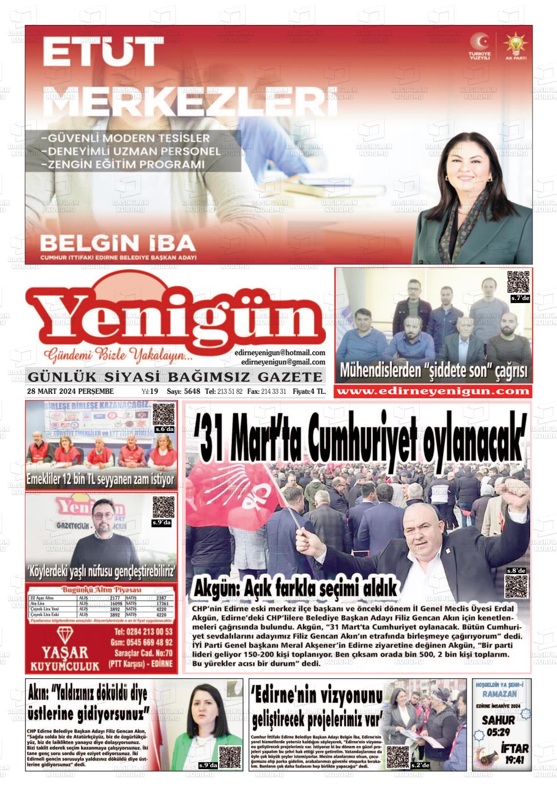 28 Mart 2024 Edirne Yenigün Gazete Manşeti