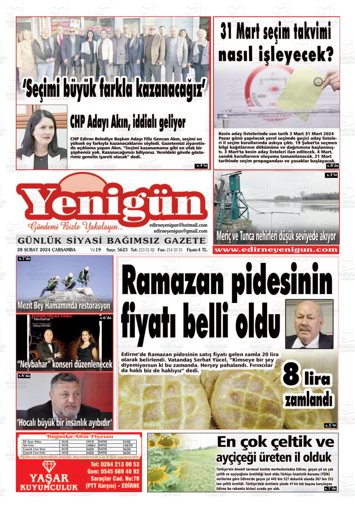 28 Şubat 2024 Edirne Yenigün Gazete Manşeti