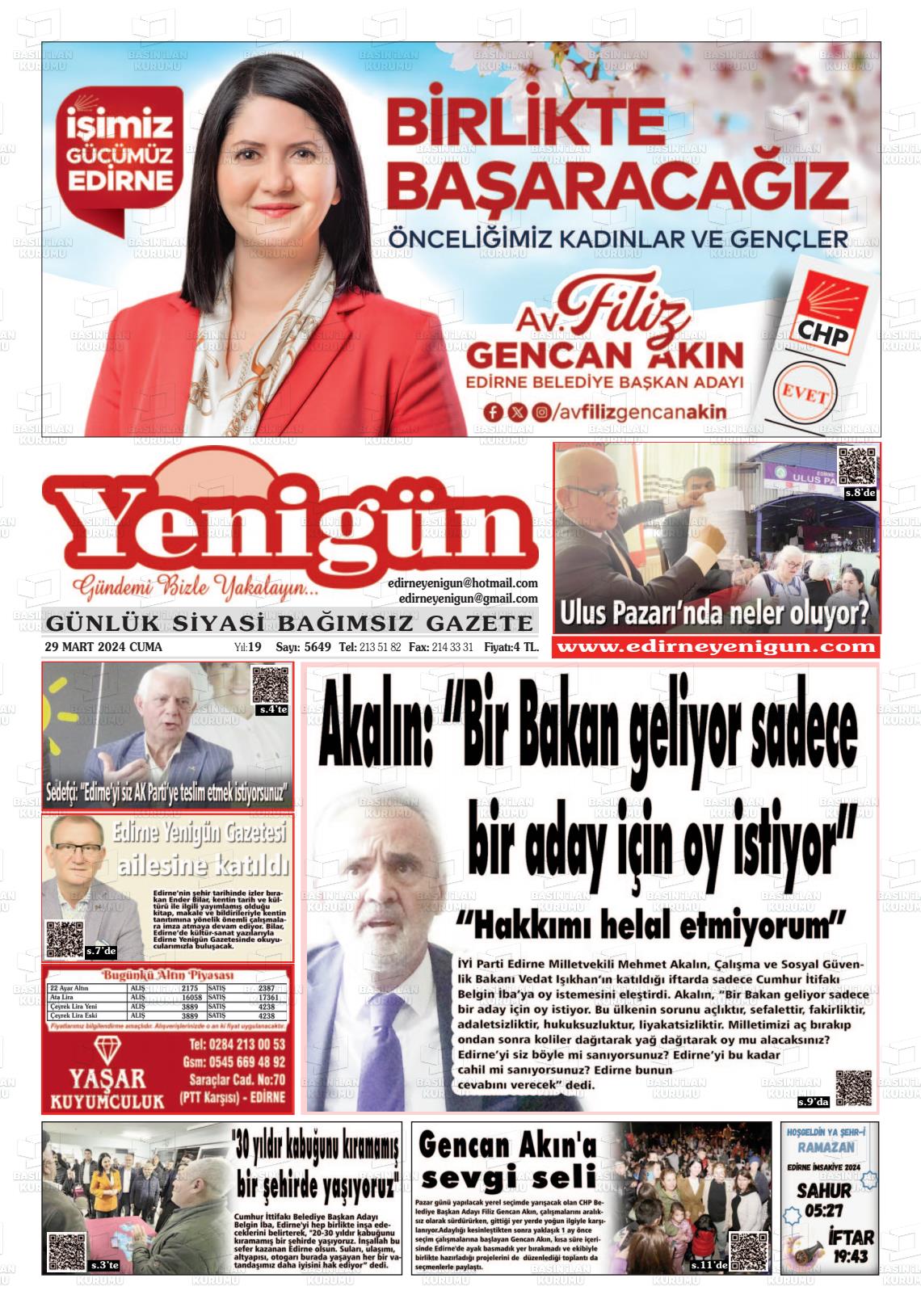 29 Mart 2024 Edirne Yenigün Gazete Manşeti