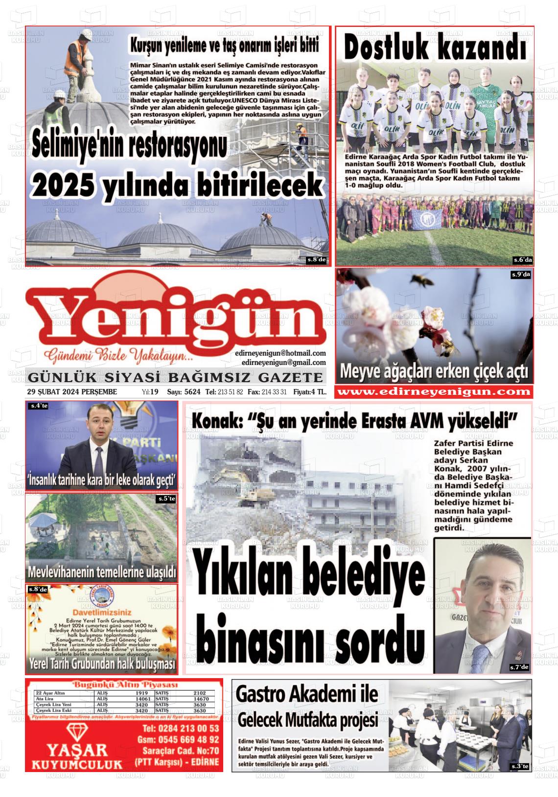 29 Şubat 2024 Edirne Yenigün Gazete Manşeti