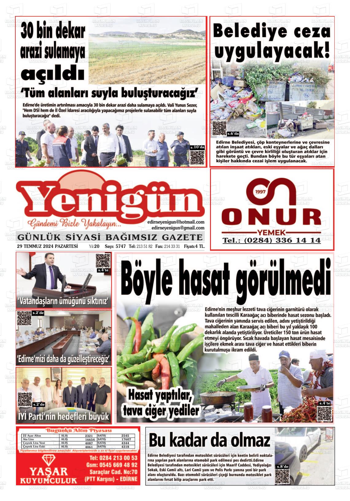 29 Temmuz 2024 Edirne Yenigün Gazete Manşeti