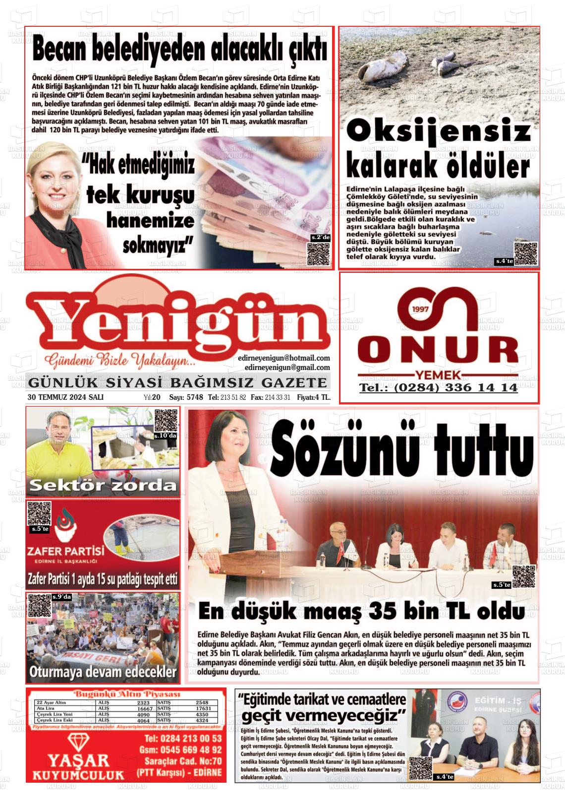 30 Temmuz 2024 Edirne Yenigün Gazete Manşeti