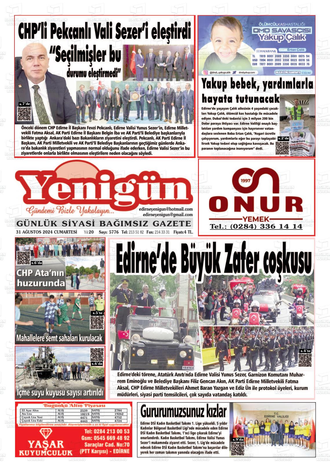 31 Ağustos 2024 Edirne Yenigün Gazete Manşeti