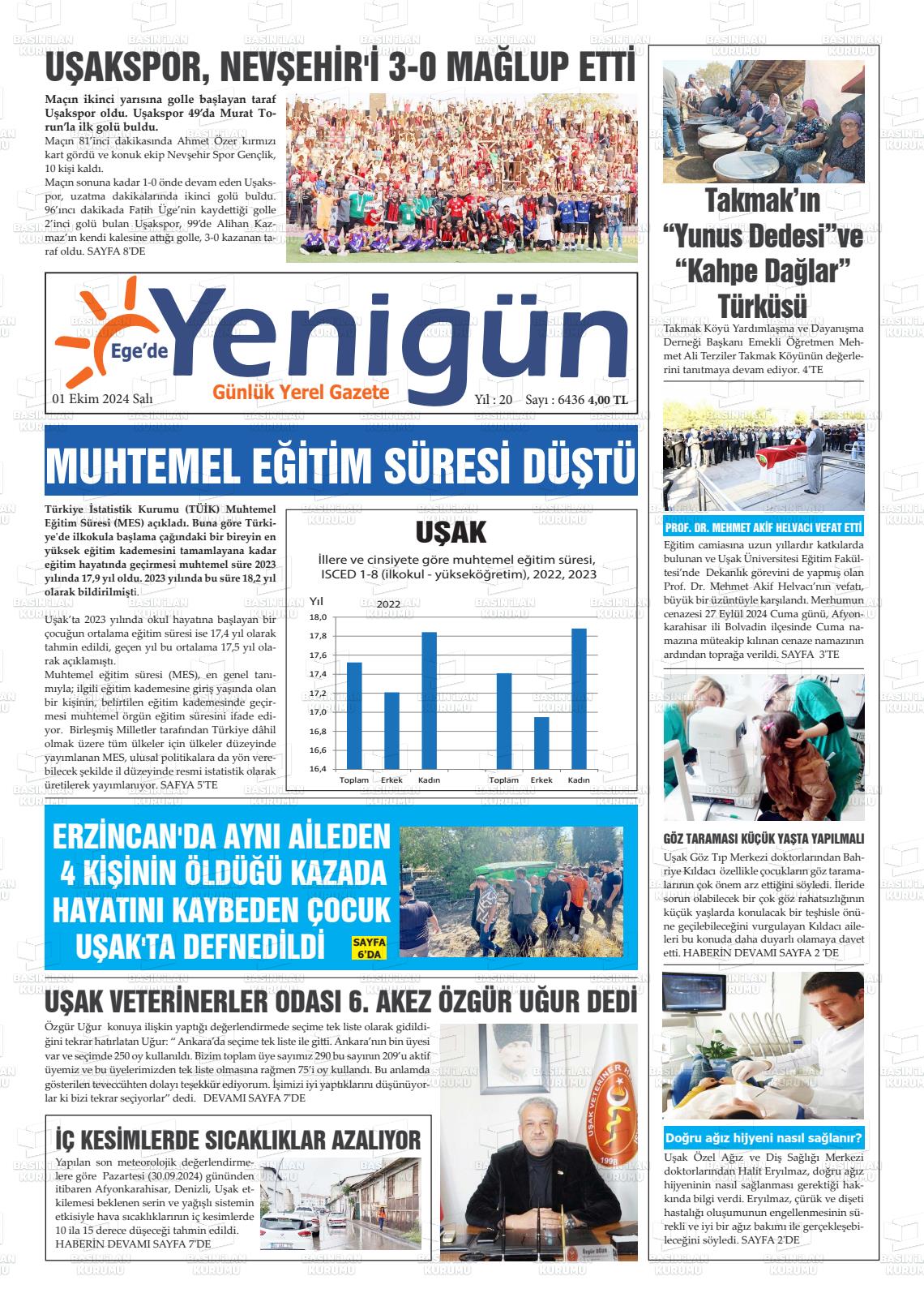 01 Ekim 2024 EGE'DE YENİGÜN GAZETESİ Gazete Manşeti