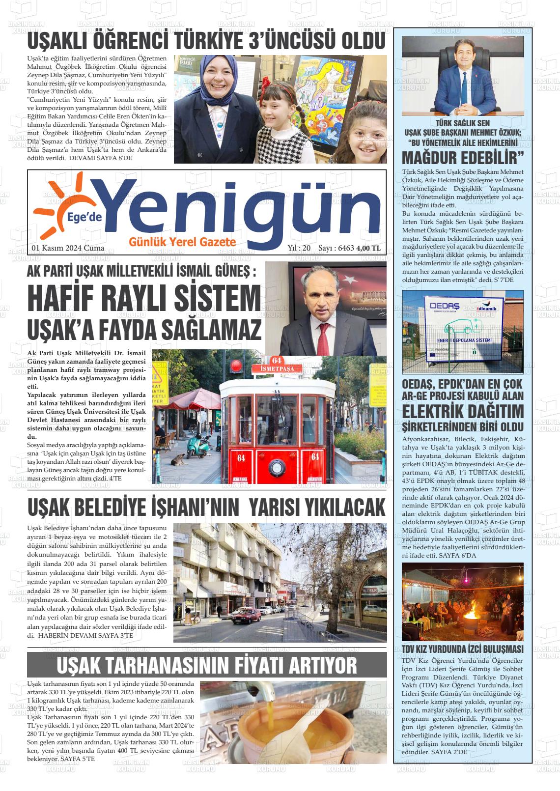 01 Kasım 2024 EGE'DE YENİGÜN GAZETESİ Gazete Manşeti