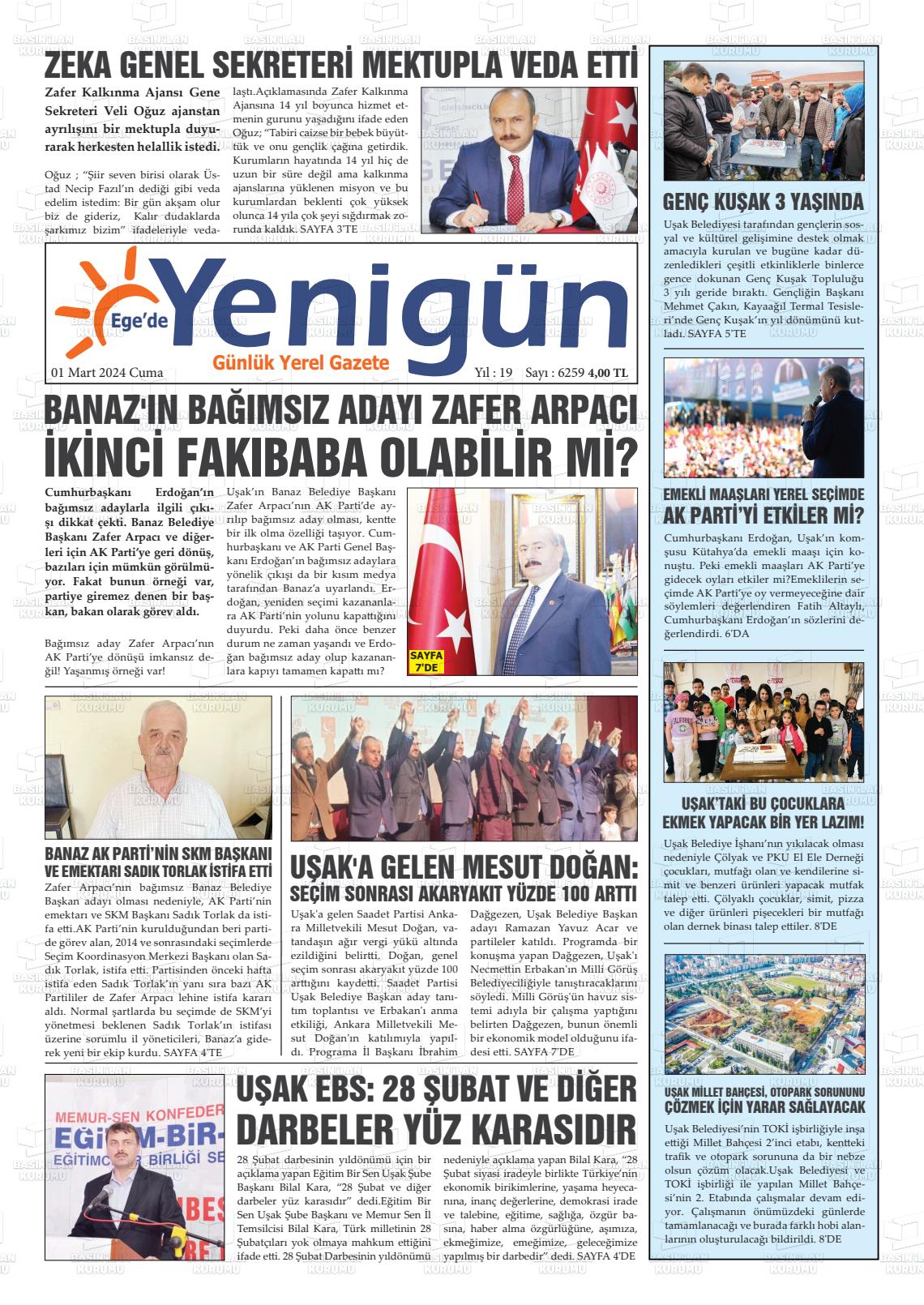 01 Mart 2024 EGE'DE YENİGÜN GAZETESİ Gazete Manşeti