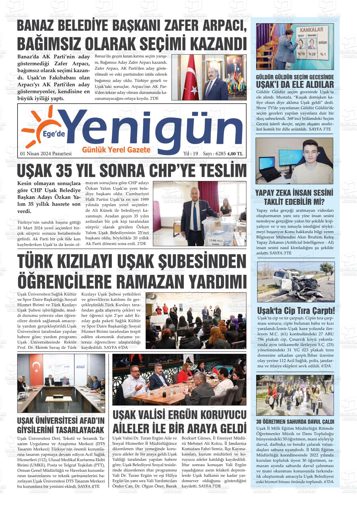 01 Nisan 2024 EGE'DE YENİGÜN GAZETESİ Gazete Manşeti