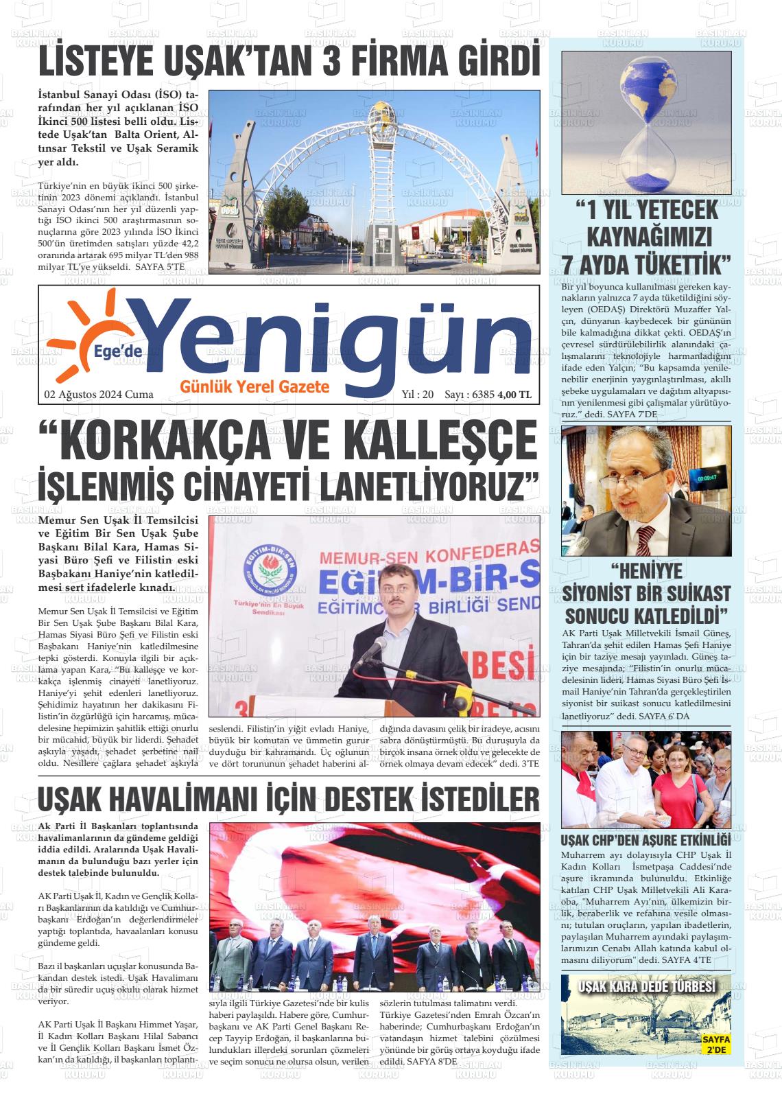 02 Ağustos 2024 EGE'DE YENİGÜN GAZETESİ Gazete Manşeti