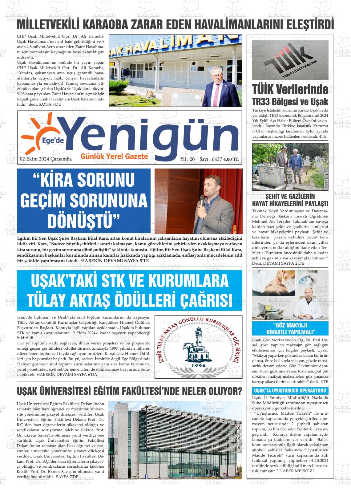 02 Ekim 2024 EGE'DE YENİGÜN GAZETESİ Gazete Manşeti