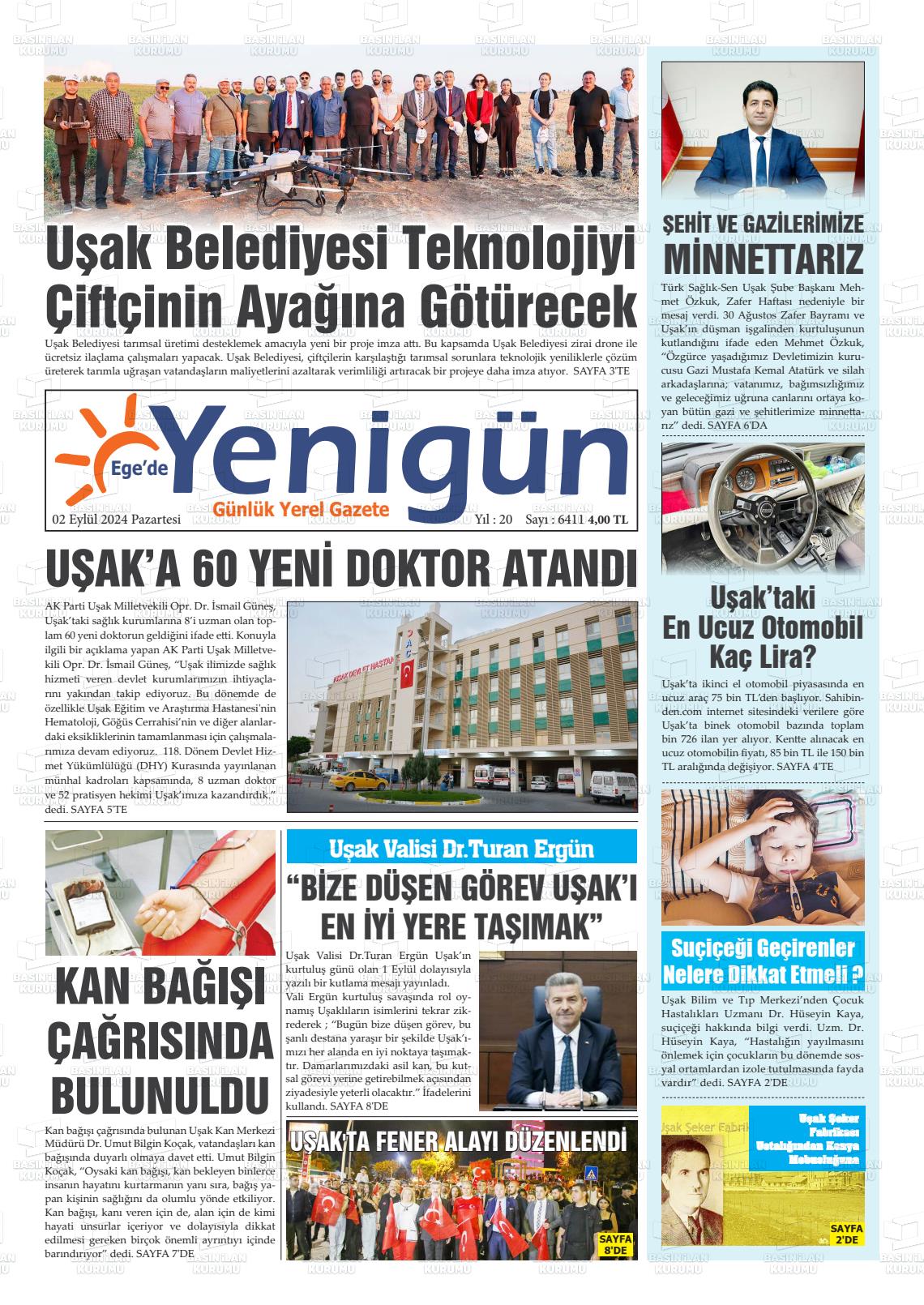 02 Eylül 2024 EGE'DE YENİGÜN GAZETESİ Gazete Manşeti