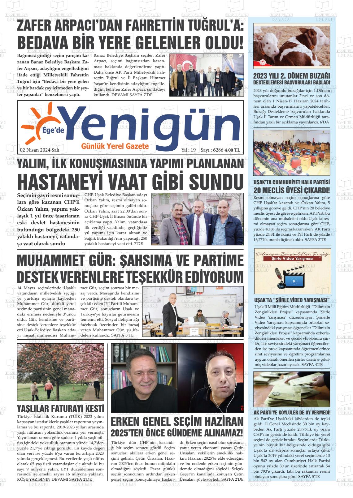 02 Nisan 2024 EGE'DE YENİGÜN GAZETESİ Gazete Manşeti