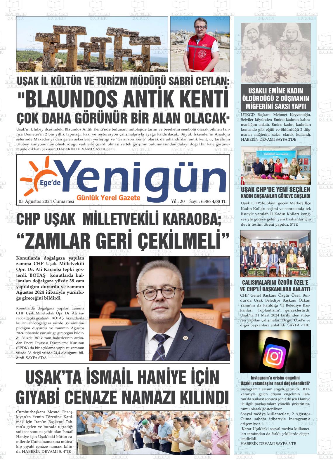 03 Ağustos 2024 EGE'DE YENİGÜN GAZETESİ Gazete Manşeti