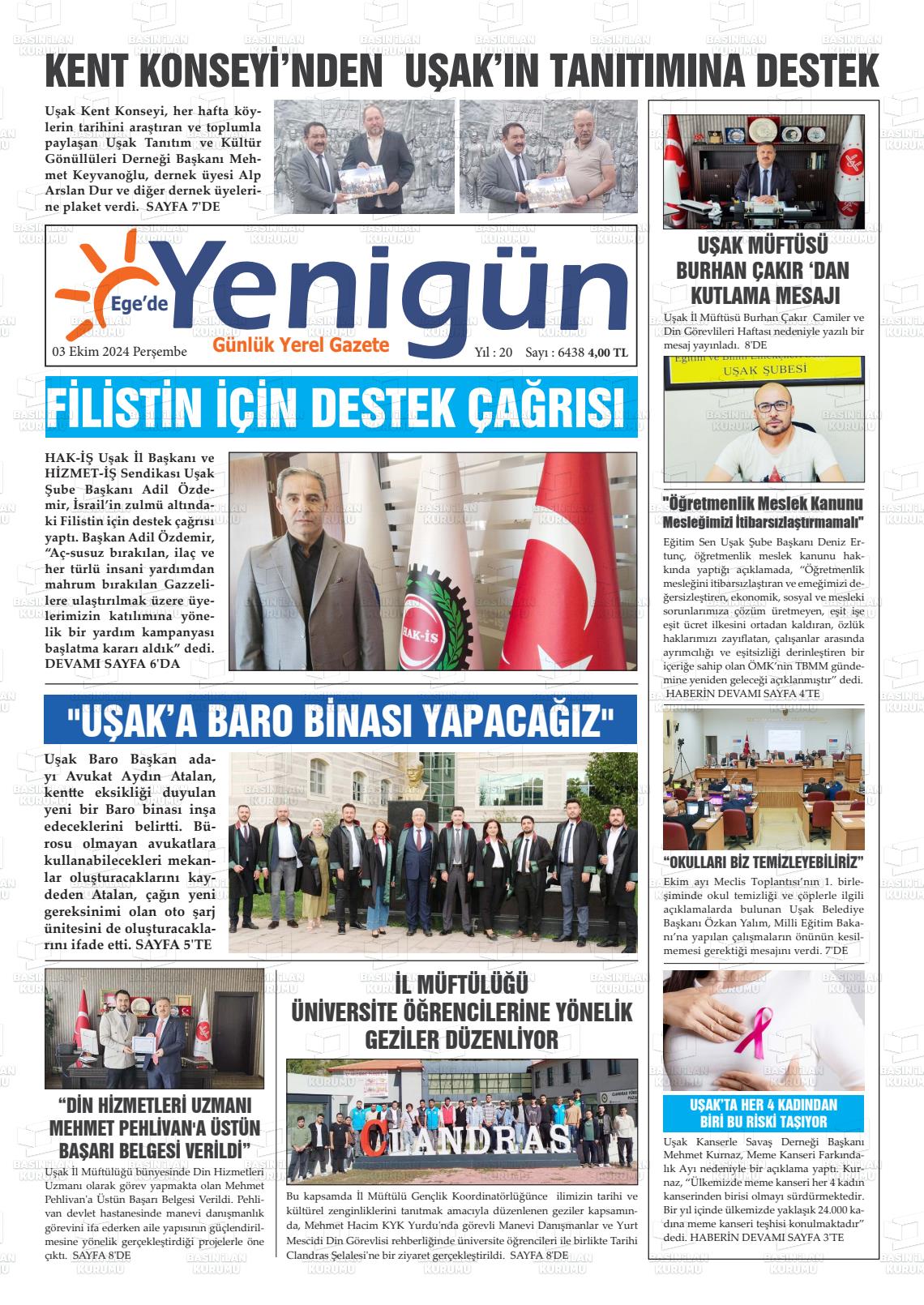 03 Ekim 2024 EGE'DE YENİGÜN GAZETESİ Gazete Manşeti