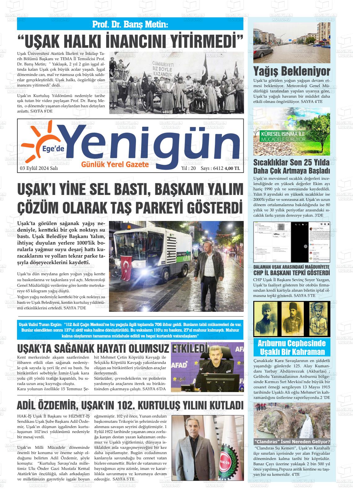 03 Eylül 2024 EGE'DE YENİGÜN GAZETESİ Gazete Manşeti