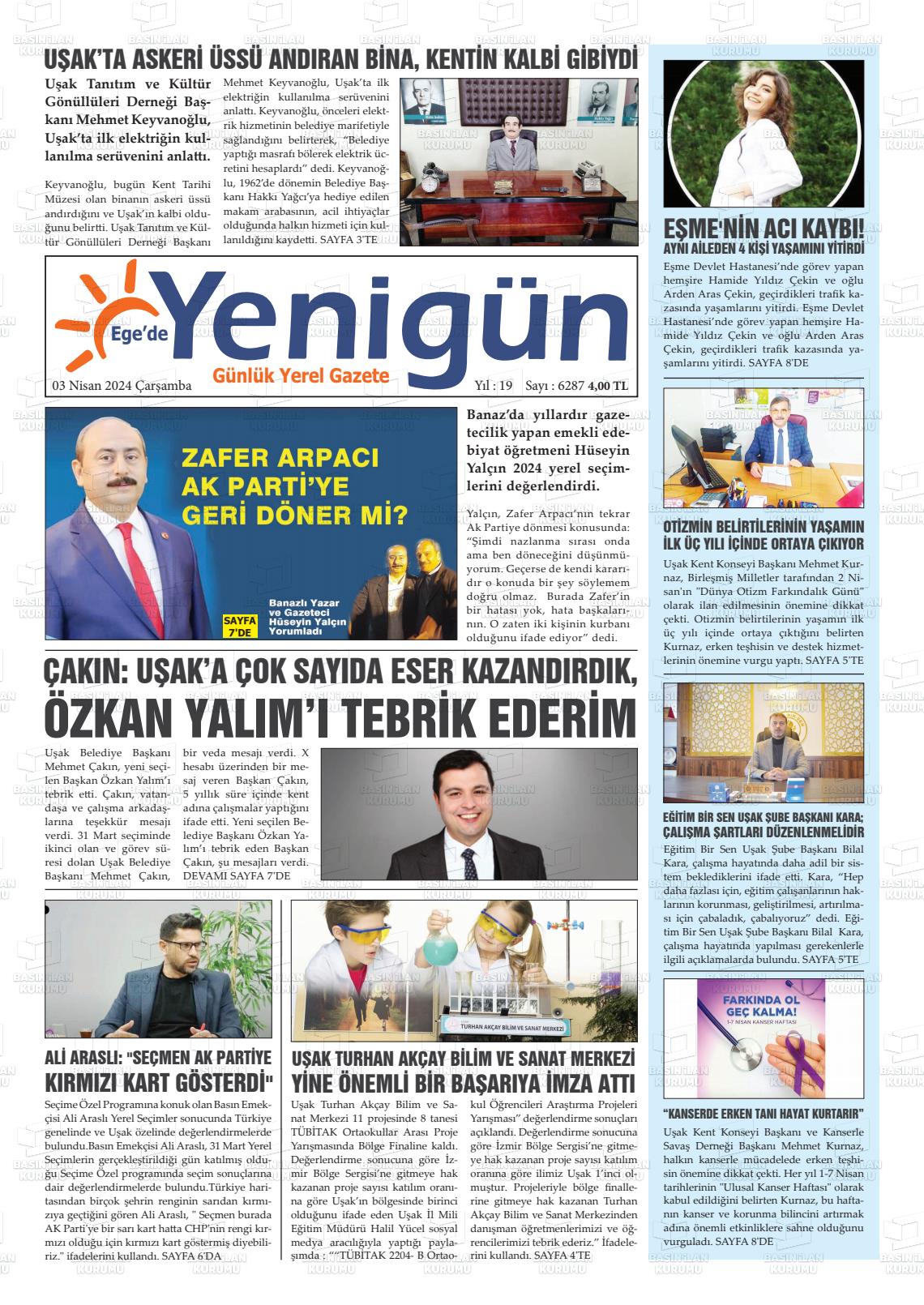 03 Nisan 2024 EGE'DE YENİGÜN GAZETESİ Gazete Manşeti