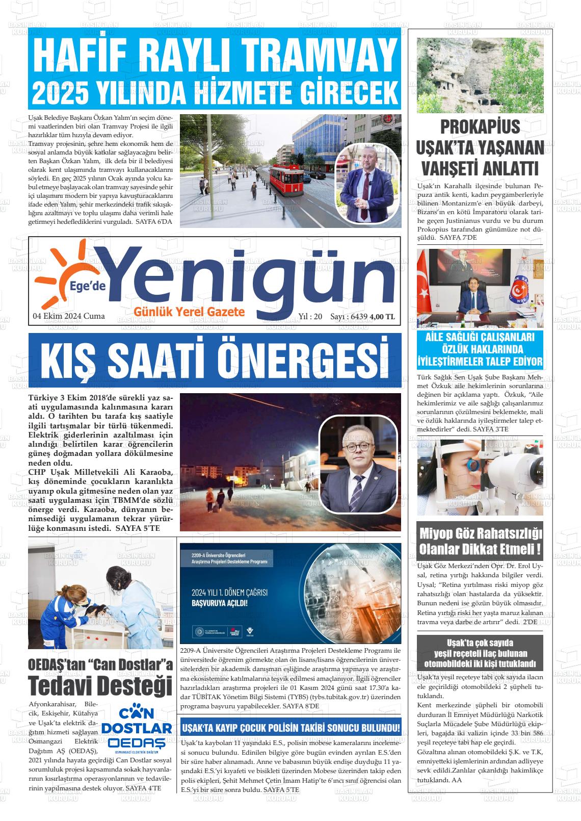 04 Ekim 2024 EGE'DE YENİGÜN GAZETESİ Gazete Manşeti