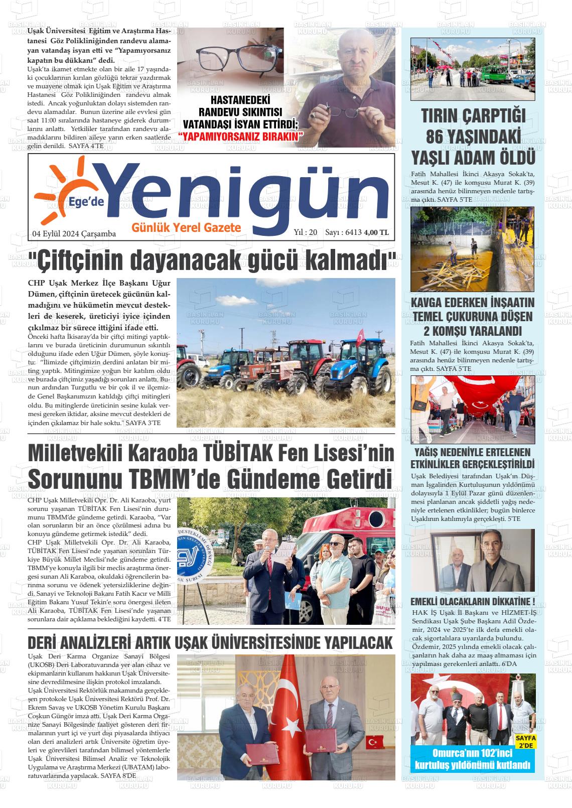 04 Eylül 2024 EGE'DE YENİGÜN GAZETESİ Gazete Manşeti