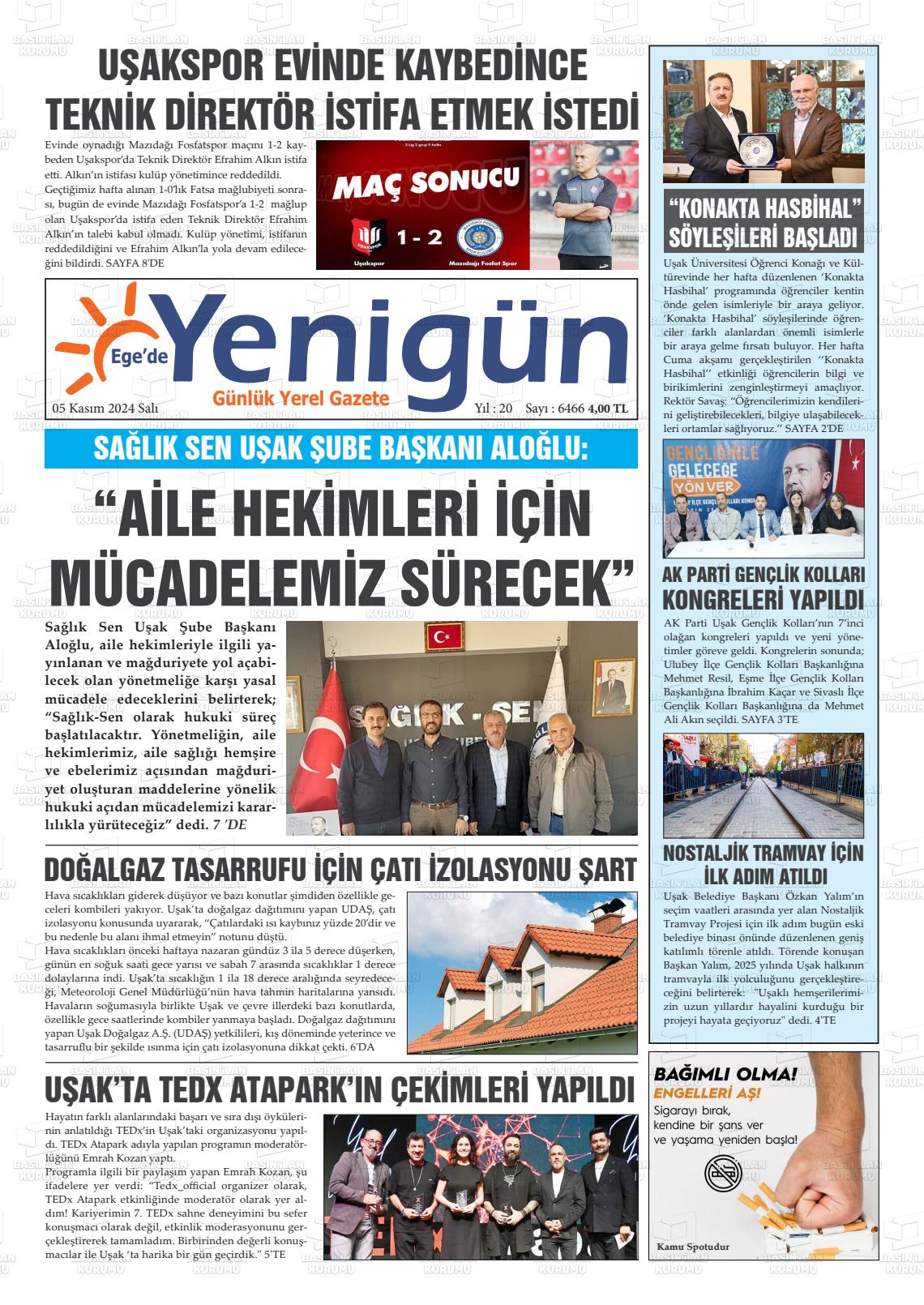 05 Kasım 2024 EGE'DE YENİGÜN GAZETESİ Gazete Manşeti