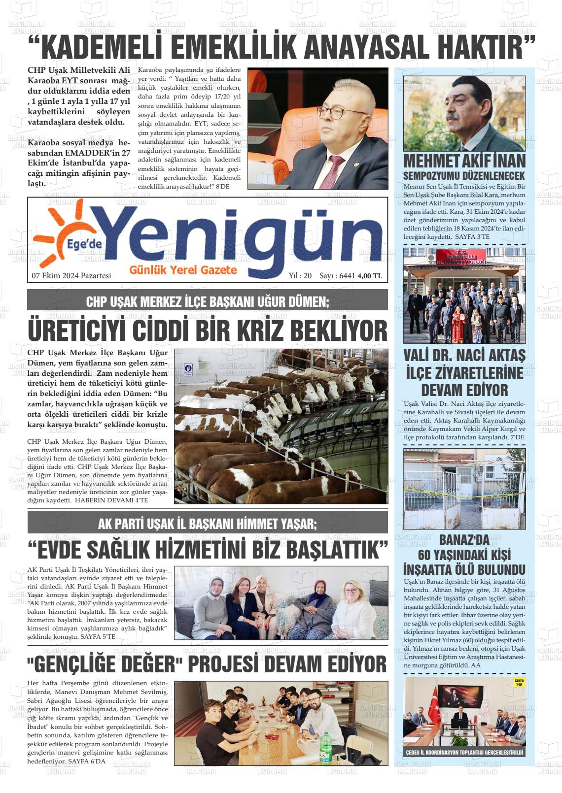 07 Ekim 2024 EGE'DE YENİGÜN GAZETESİ Gazete Manşeti