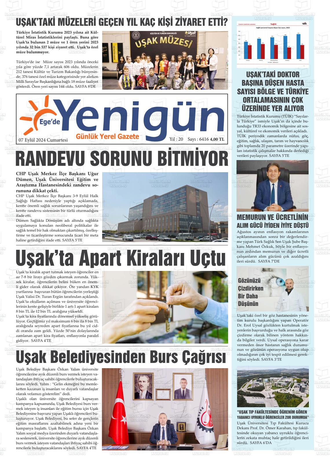 07 Eylül 2024 EGE'DE YENİGÜN GAZETESİ Gazete Manşeti