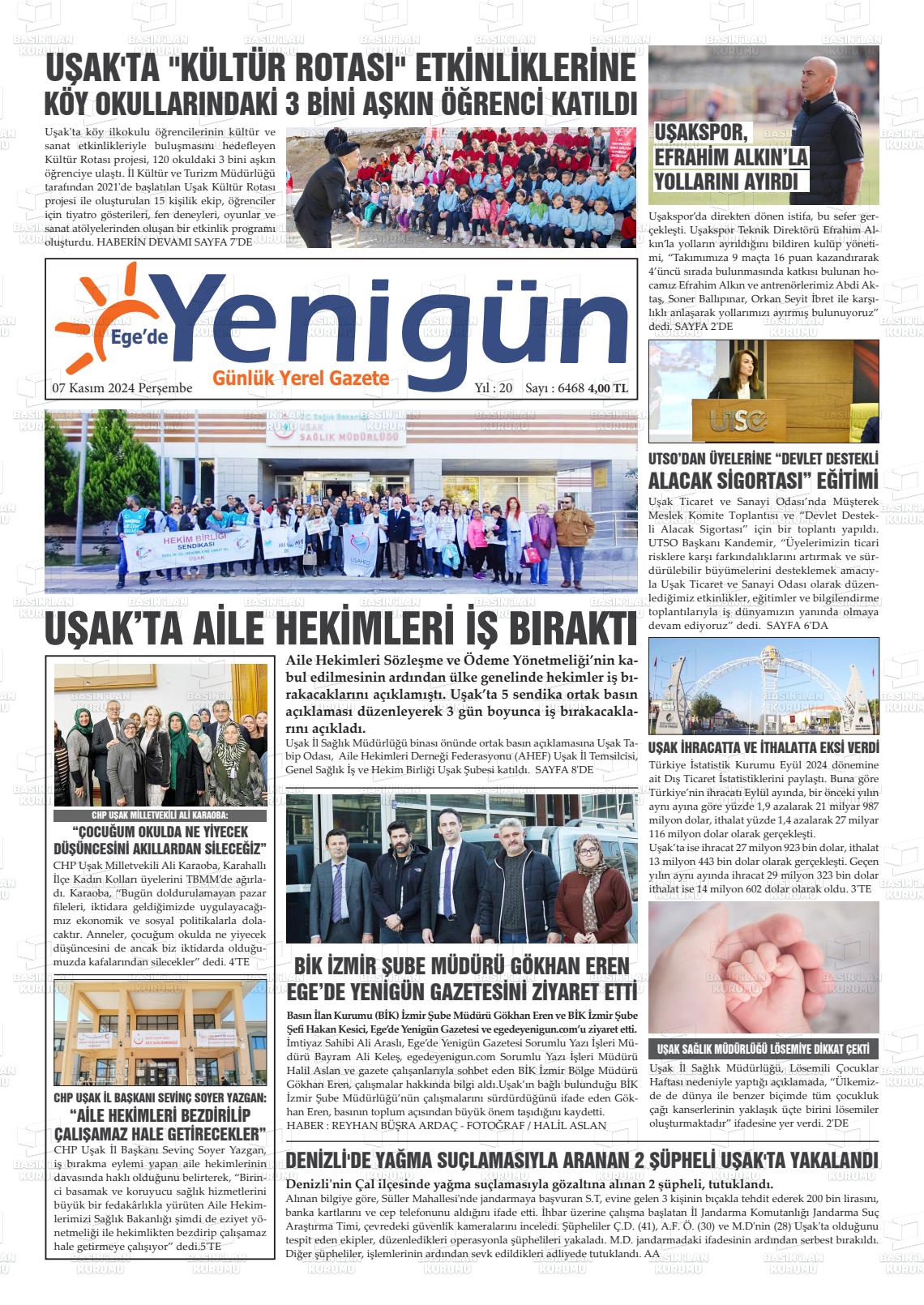 07 Kasım 2024 EGE'DE YENİGÜN GAZETESİ Gazete Manşeti