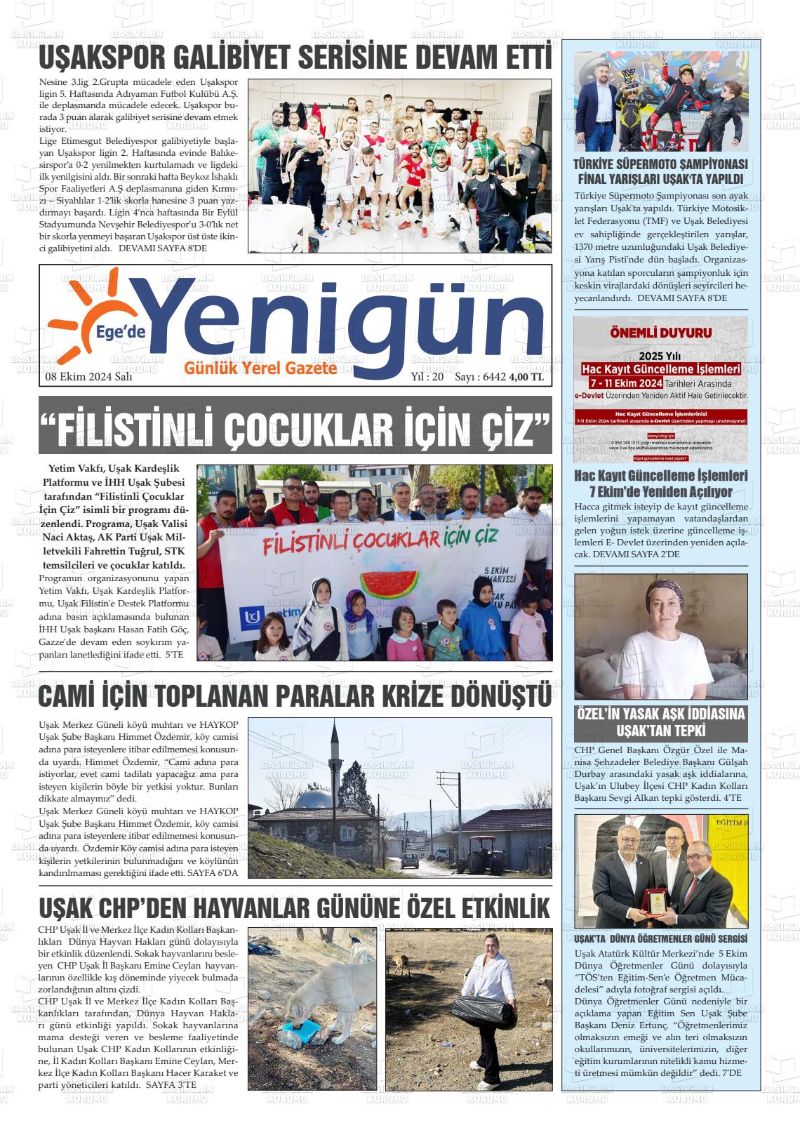 08 Ekim 2024 EGE'DE YENİGÜN GAZETESİ Gazete Manşeti