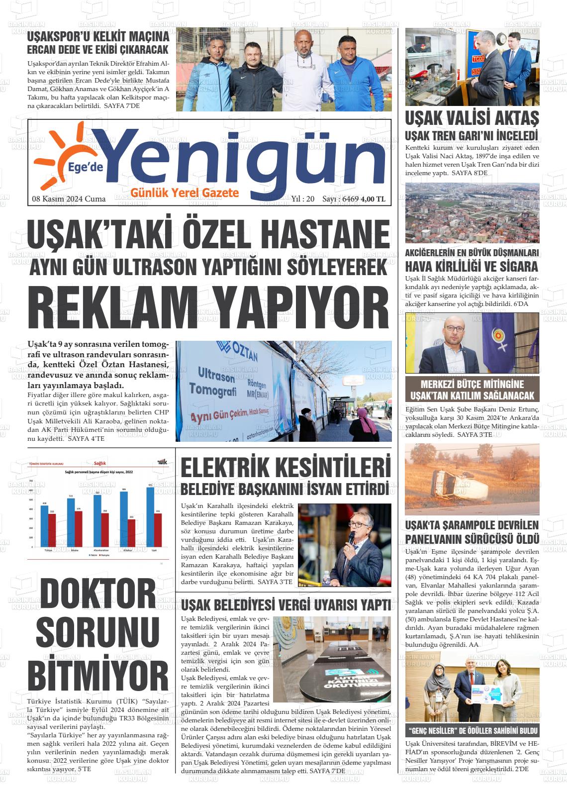 08 Kasım 2024 EGE'DE YENİGÜN GAZETESİ Gazete Manşeti