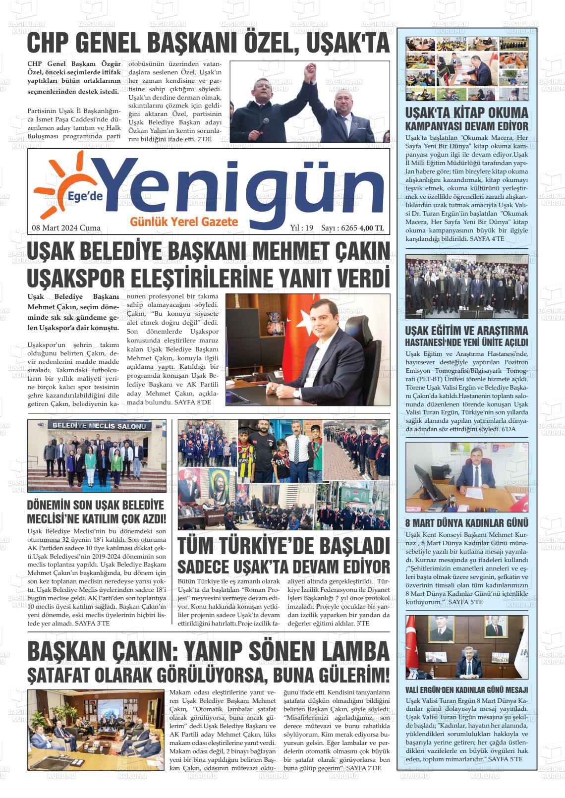 08 Mart 2024 EGE'DE YENİGÜN GAZETESİ Gazete Manşeti