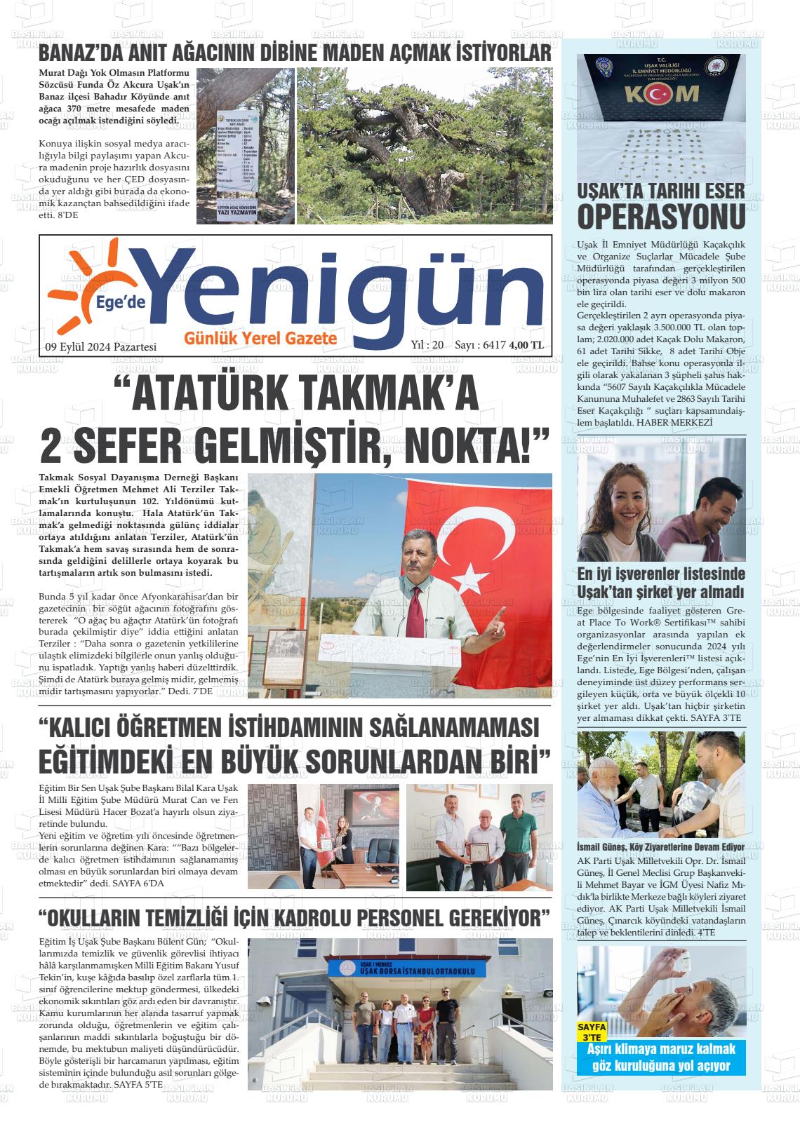 09 Eylül 2024 EGE'DE YENİGÜN GAZETESİ Gazete Manşeti