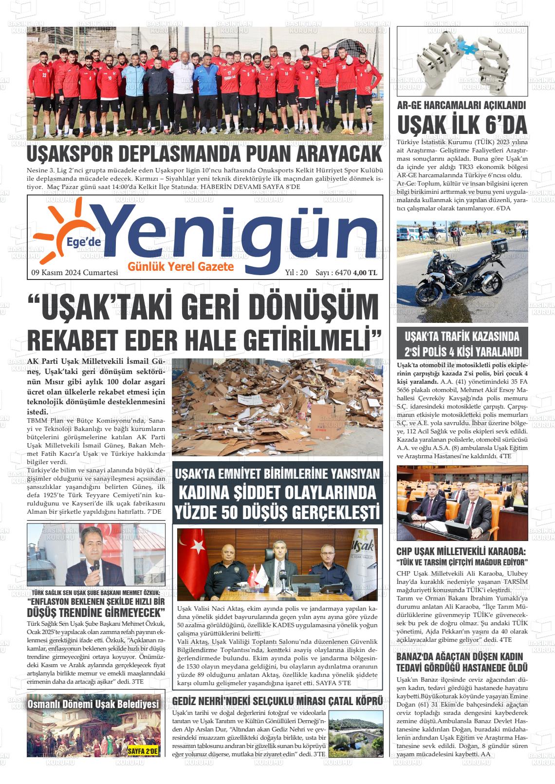 09 Kasım 2024 EGE'DE YENİGÜN GAZETESİ Gazete Manşeti