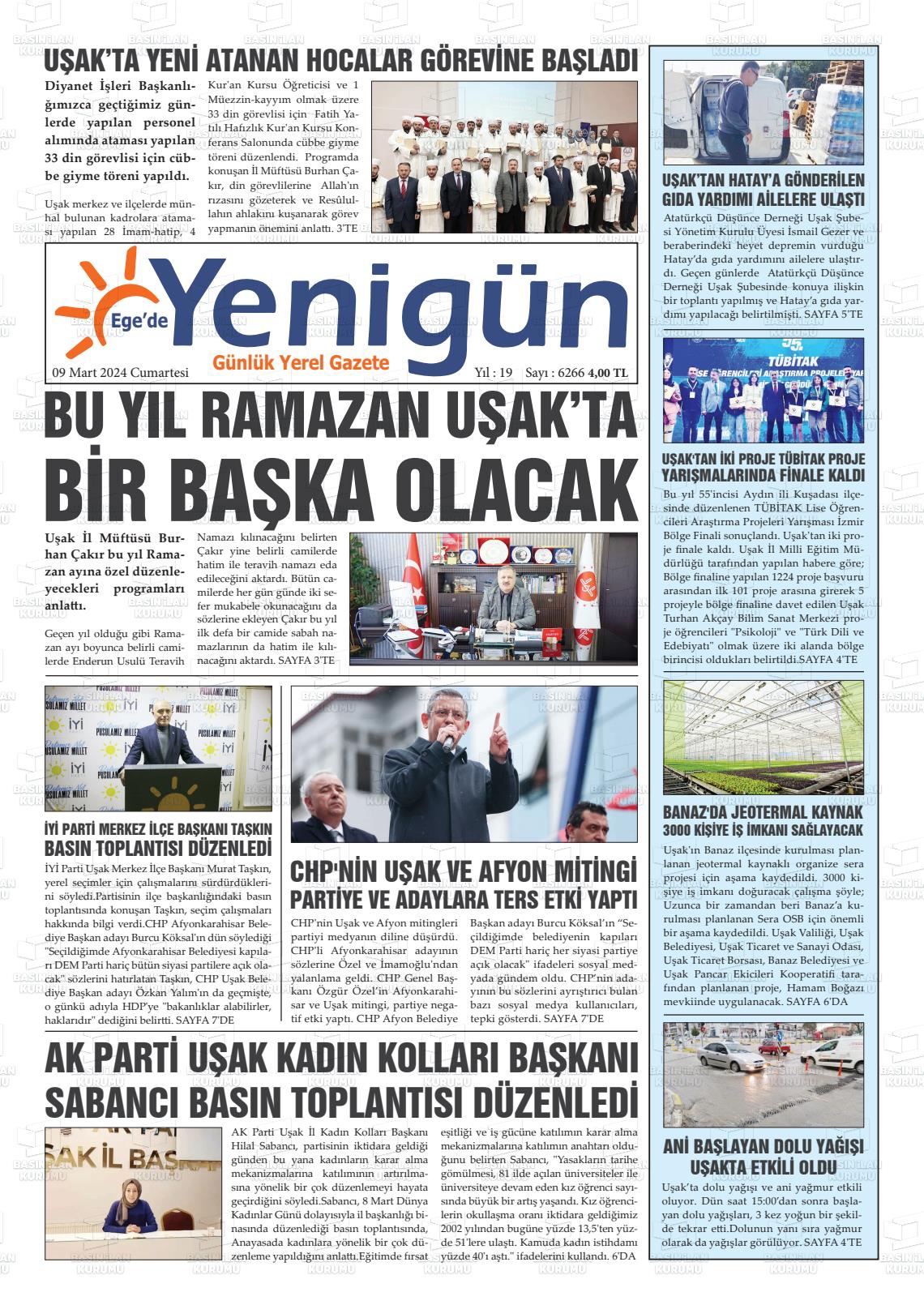 09 Mart 2024 EGE'DE YENİGÜN GAZETESİ Gazete Manşeti