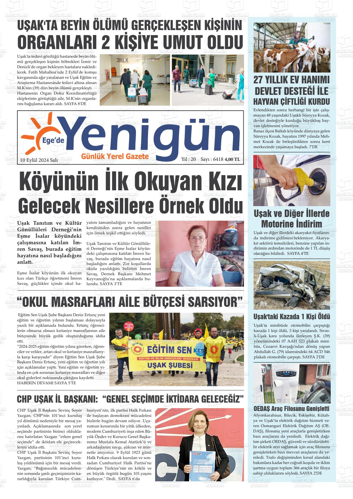 10 Eylül 2024 EGE'DE YENİGÜN GAZETESİ Gazete Manşeti