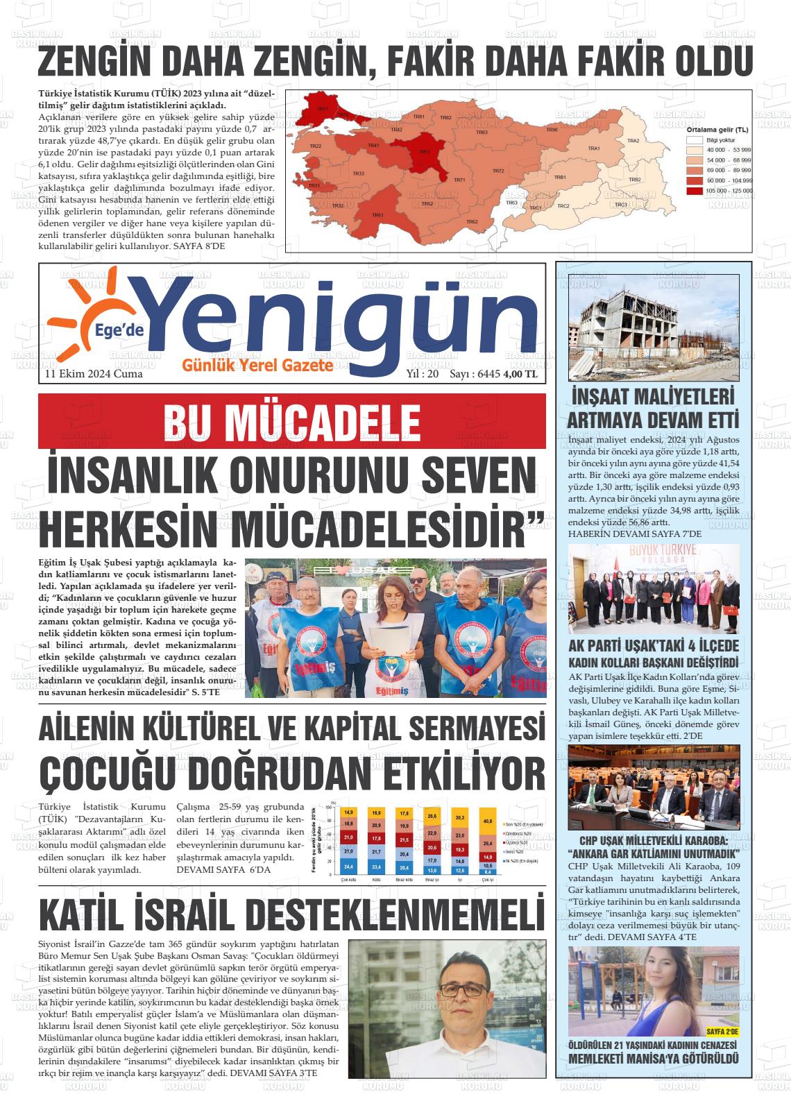 11 Ekim 2024 EGE'DE YENİGÜN GAZETESİ Gazete Manşeti