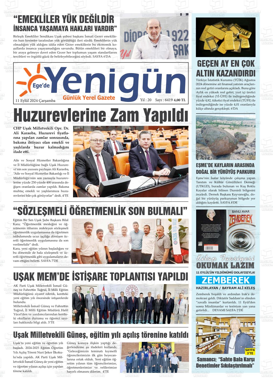 11 Eylül 2024 EGE'DE YENİGÜN GAZETESİ Gazete Manşeti