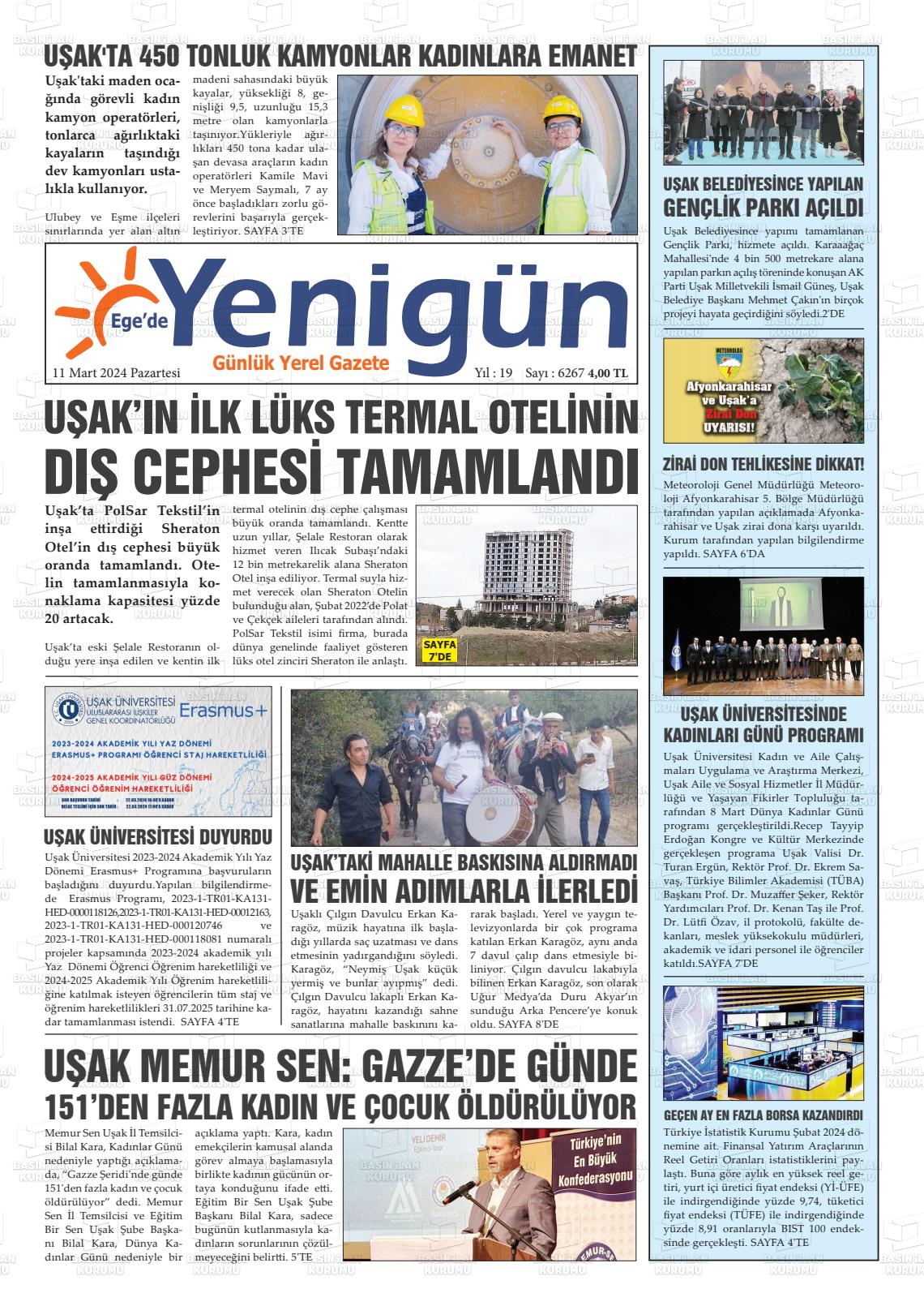 11 Mart 2024 EGE'DE YENİGÜN GAZETESİ Gazete Manşeti