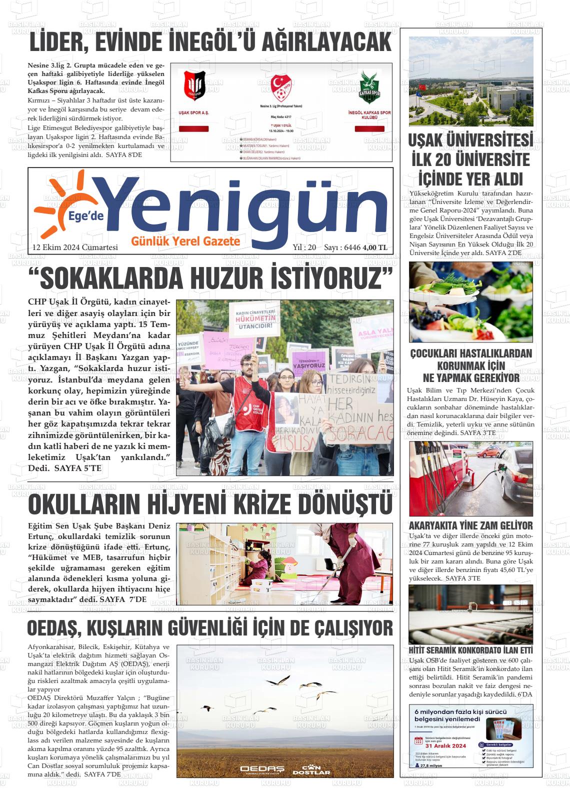 12 Ekim 2024 EGE'DE YENİGÜN GAZETESİ Gazete Manşeti