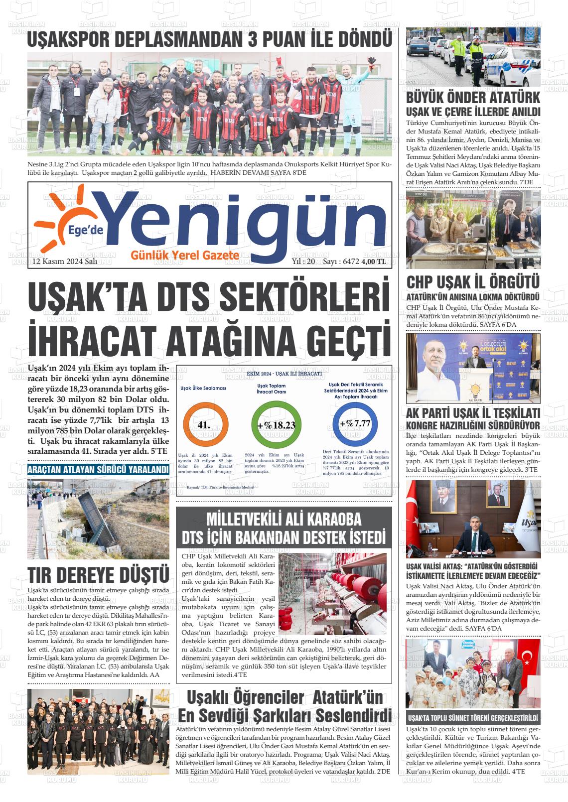 12 Kasım 2024 EGE'DE YENİGÜN GAZETESİ Gazete Manşeti