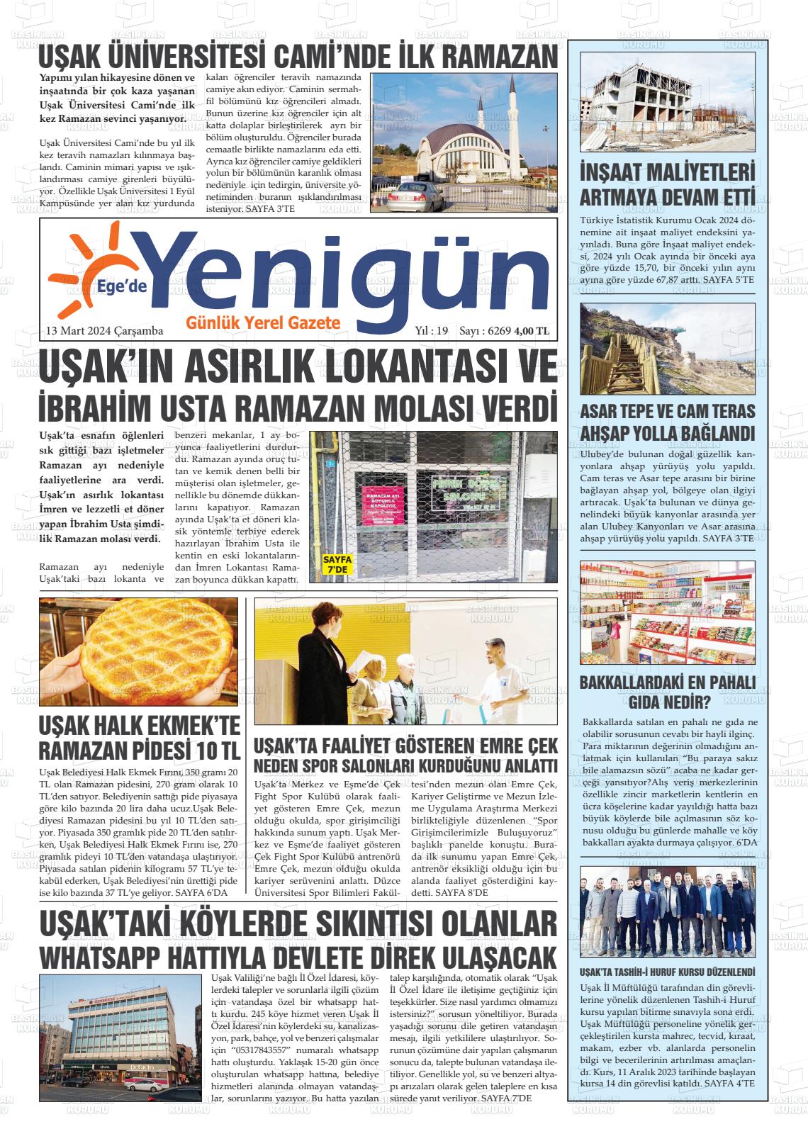 13 Mart 2024 EGE'DE YENİGÜN GAZETESİ Gazete Manşeti