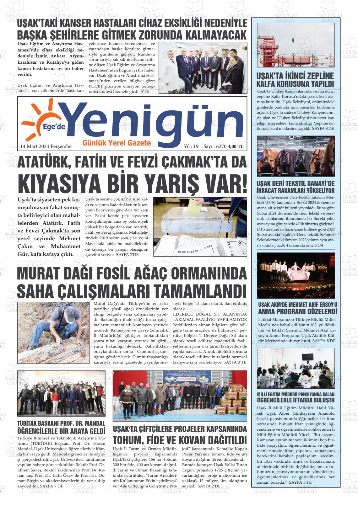 14 Mart 2024 EGE'DE YENİGÜN GAZETESİ Gazete Manşeti