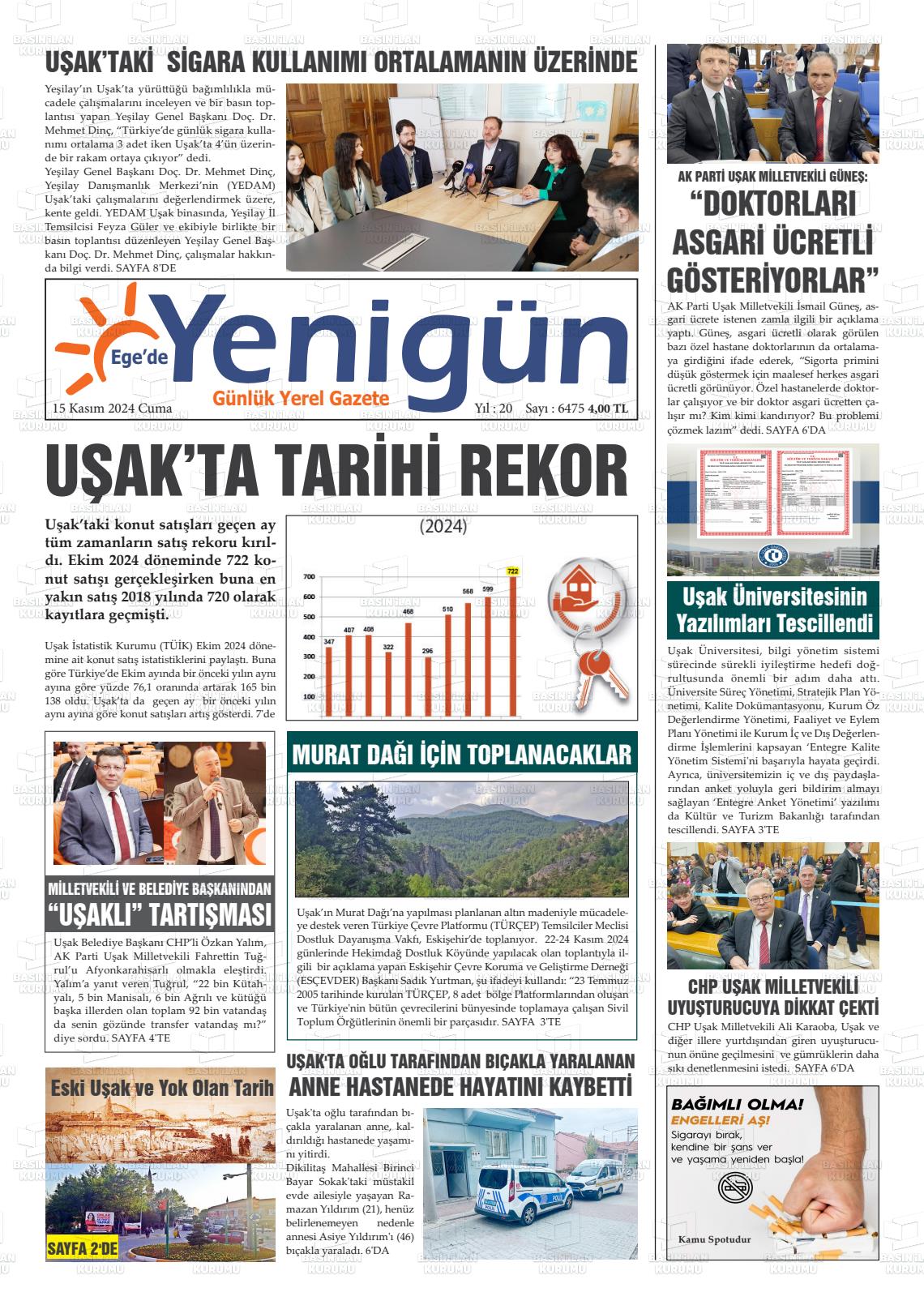 15 Kasım 2024 EGE'DE YENİGÜN GAZETESİ Gazete Manşeti