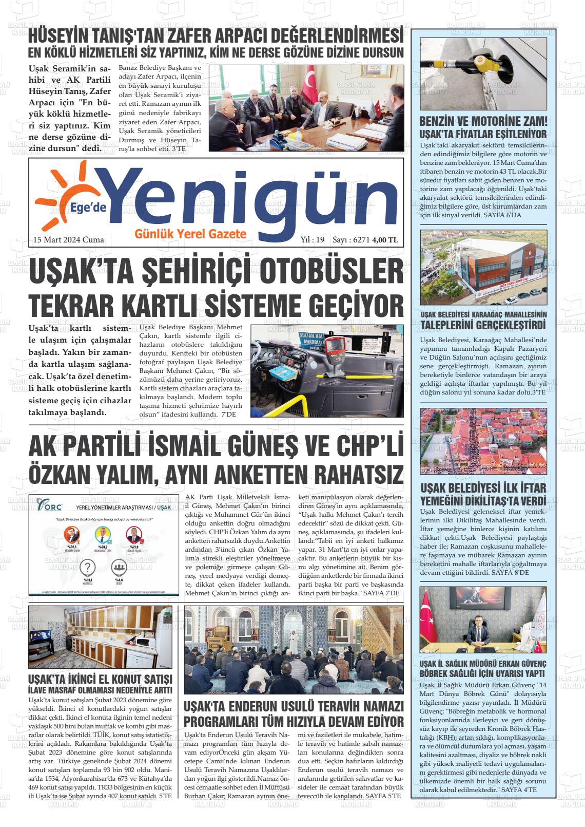 15 Mart 2024 EGE'DE YENİGÜN GAZETESİ Gazete Manşeti