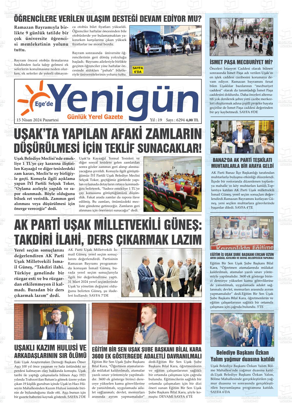 15 Nisan 2024 EGE'DE YENİGÜN GAZETESİ Gazete Manşeti