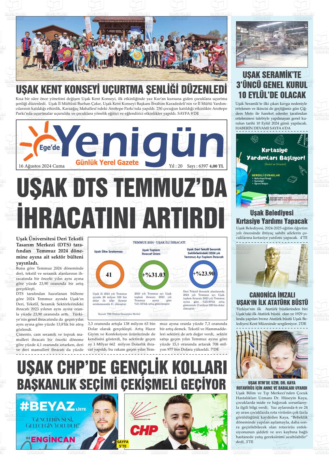 16 Ağustos 2024 EGE'DE YENİGÜN GAZETESİ Gazete Manşeti