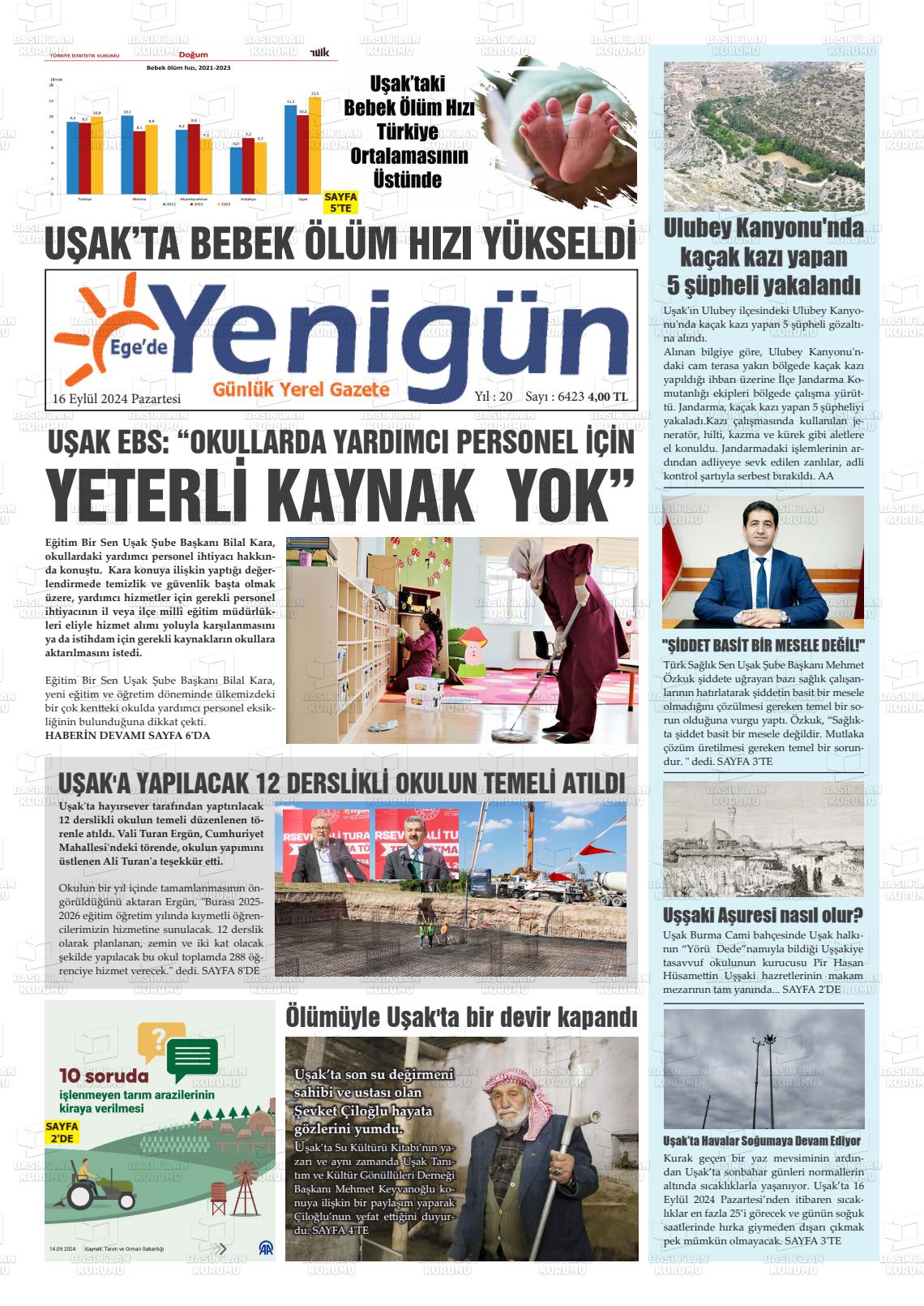 16 Eylül 2024 EGE'DE YENİGÜN GAZETESİ Gazete Manşeti