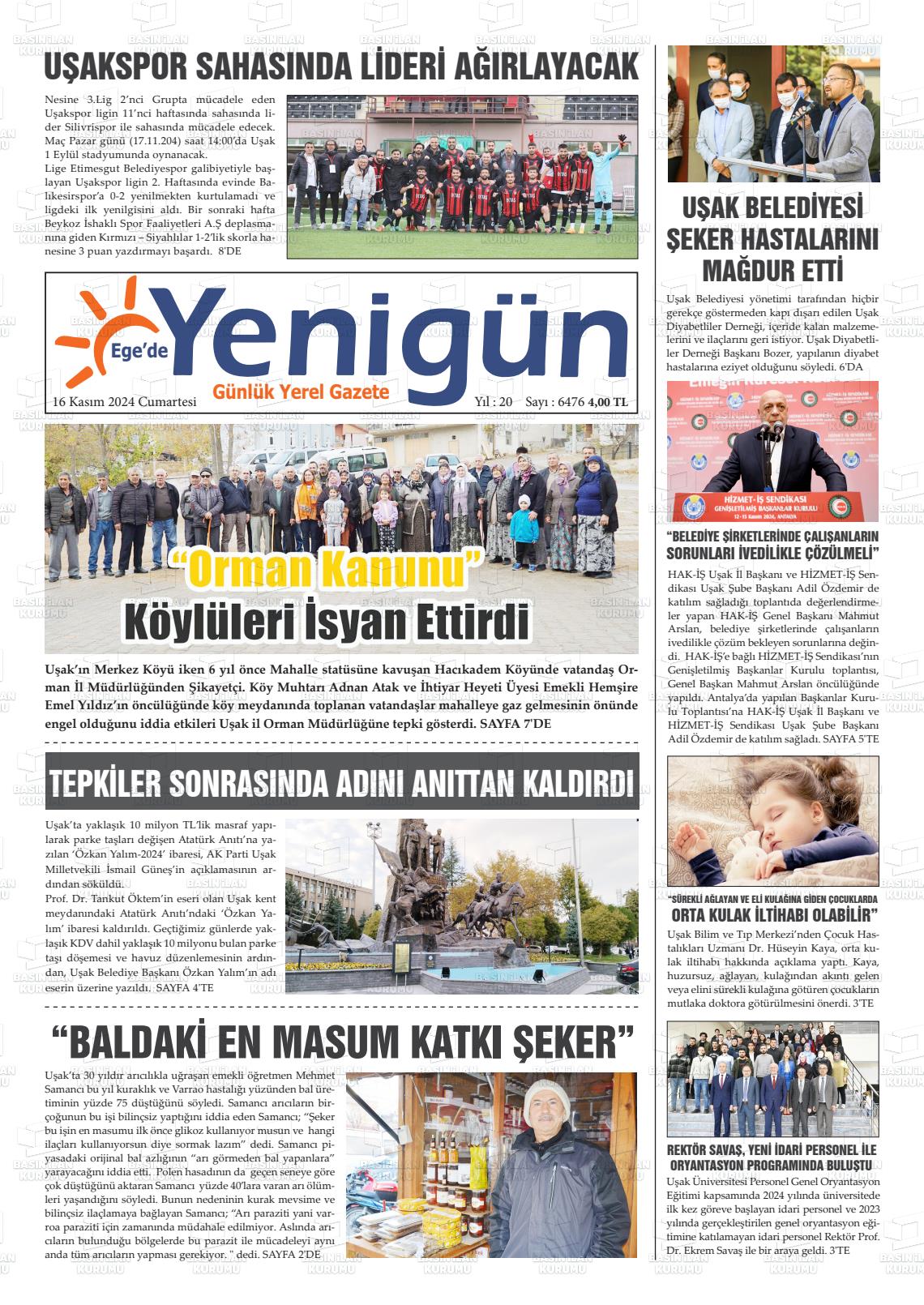 16 Kasım 2024 EGE'DE YENİGÜN GAZETESİ Gazete Manşeti