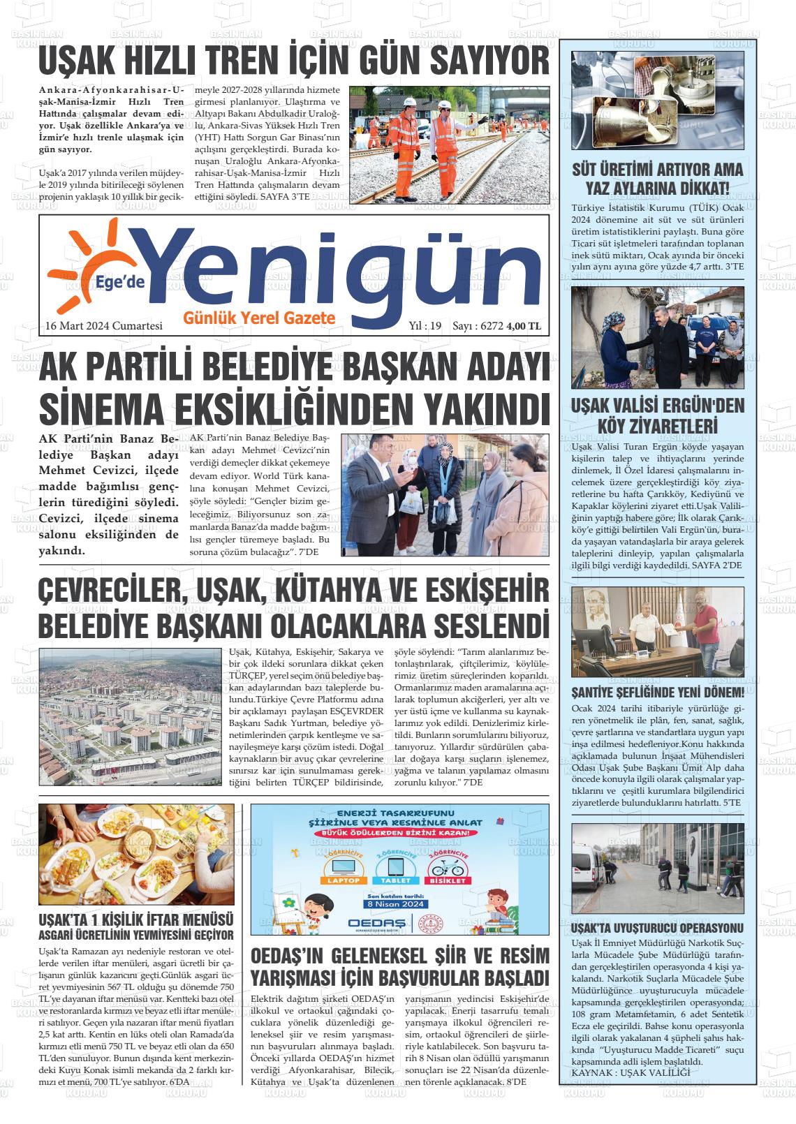 16 Mart 2024 EGE'DE YENİGÜN GAZETESİ Gazete Manşeti