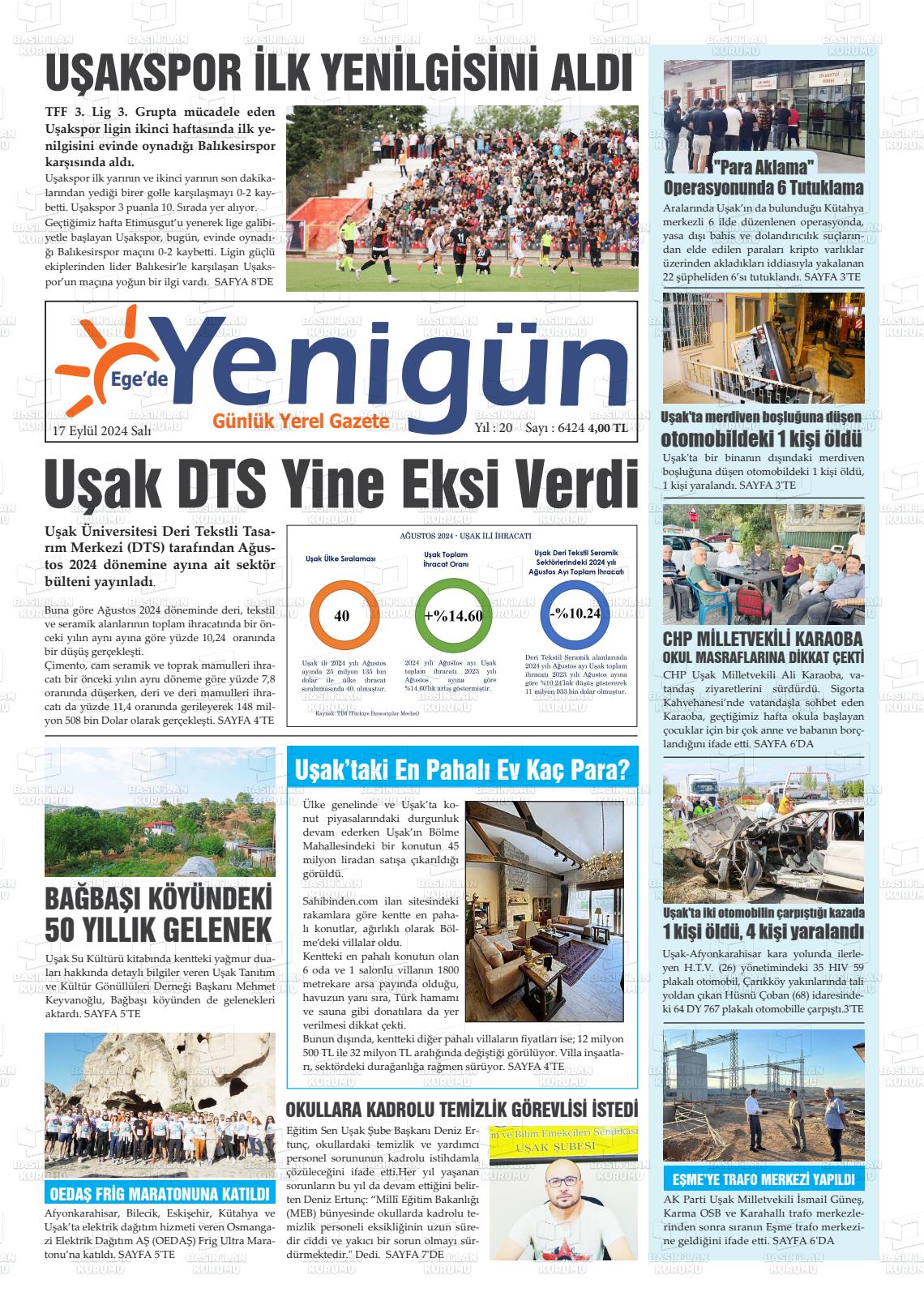 17 Eylül 2024 EGE'DE YENİGÜN GAZETESİ Gazete Manşeti