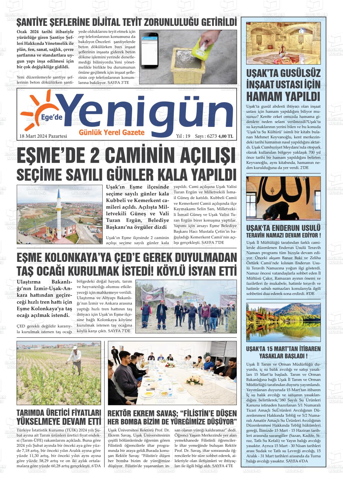 18 Mart 2024 EGE'DE YENİGÜN GAZETESİ Gazete Manşeti